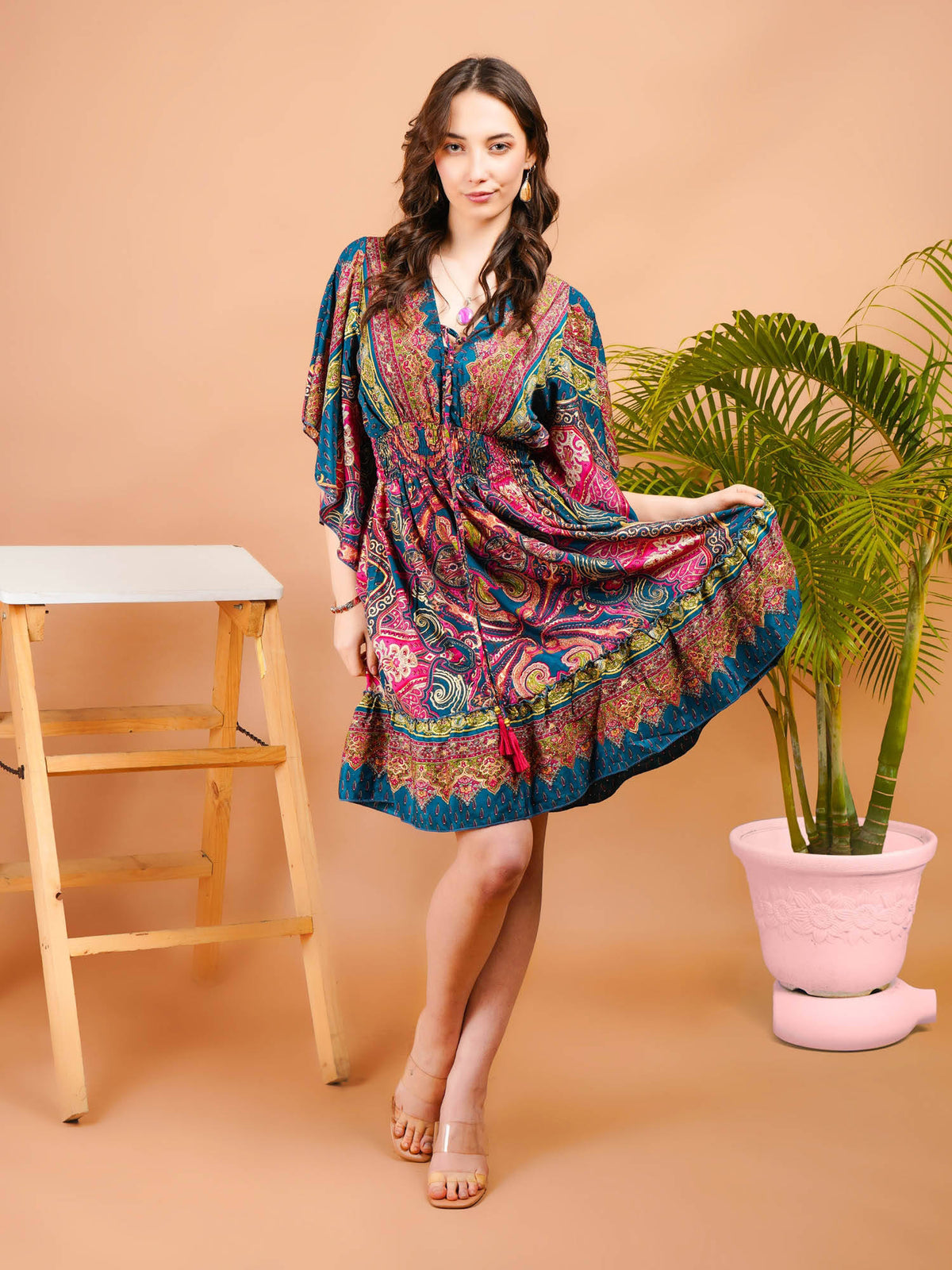 Women Teal Ethereal Glow Paisley Print Boho Mini Dress | D56 - view 1