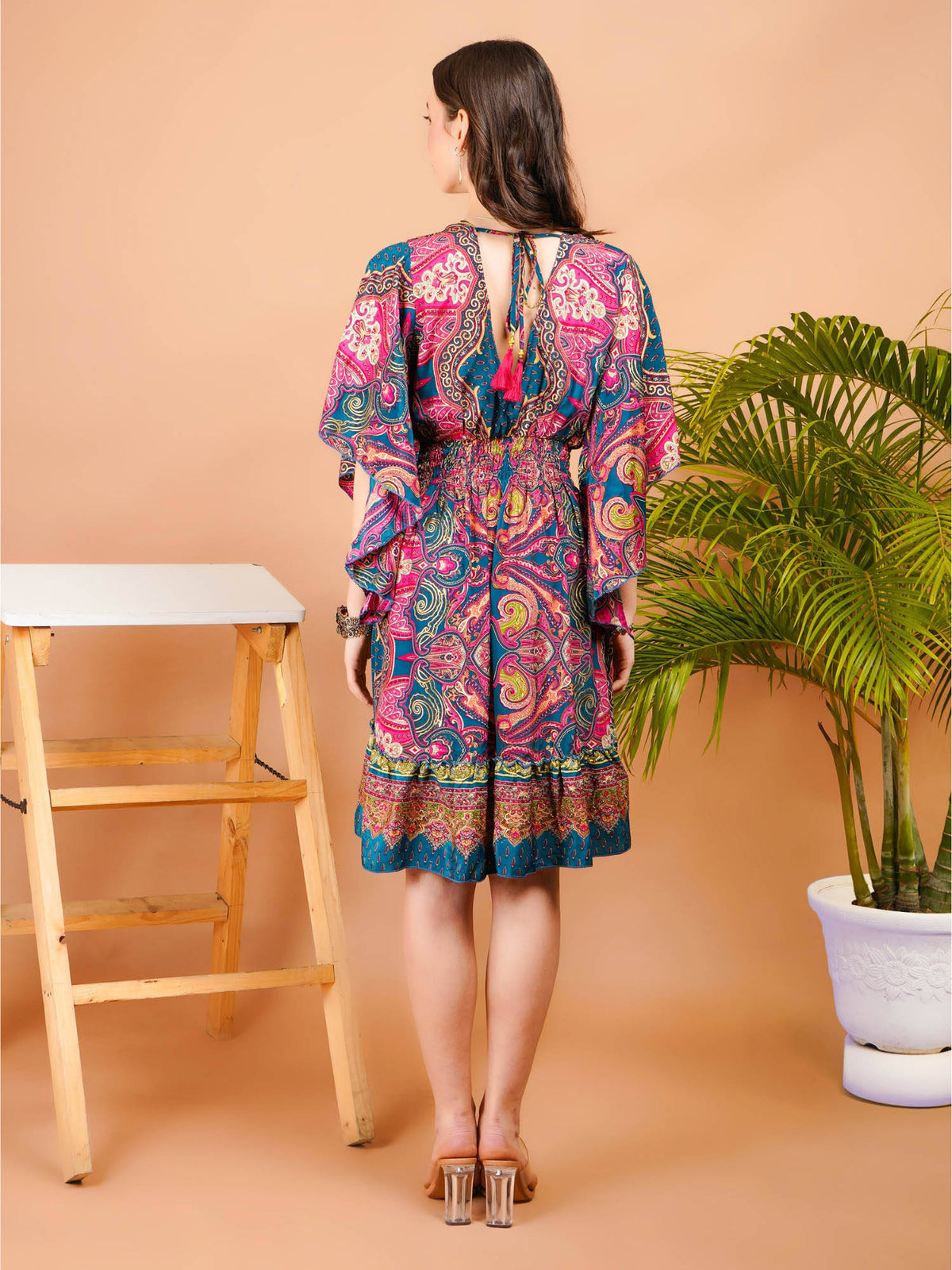 Women Teal Ethereal Glow Paisley Print Boho Mini Dress | D56 - view 2