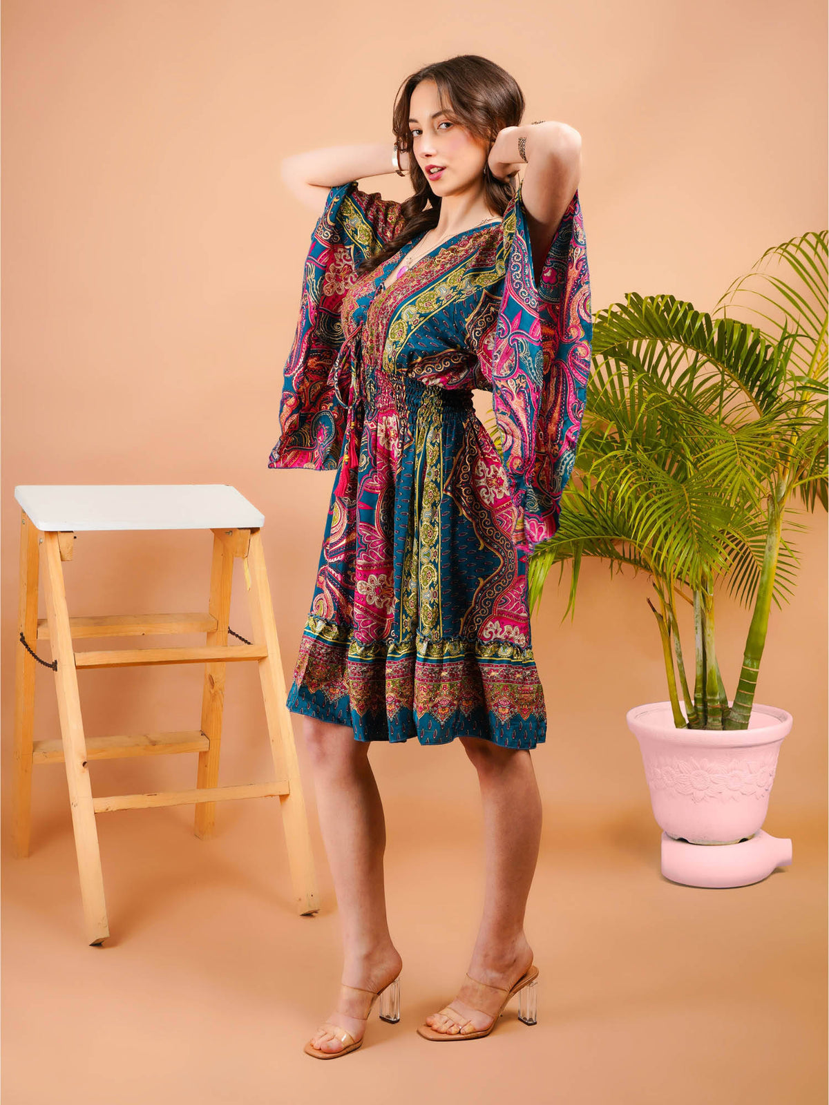 Women Teal Ethereal Glow Paisley Print Boho Mini Dress | D56 - view 5