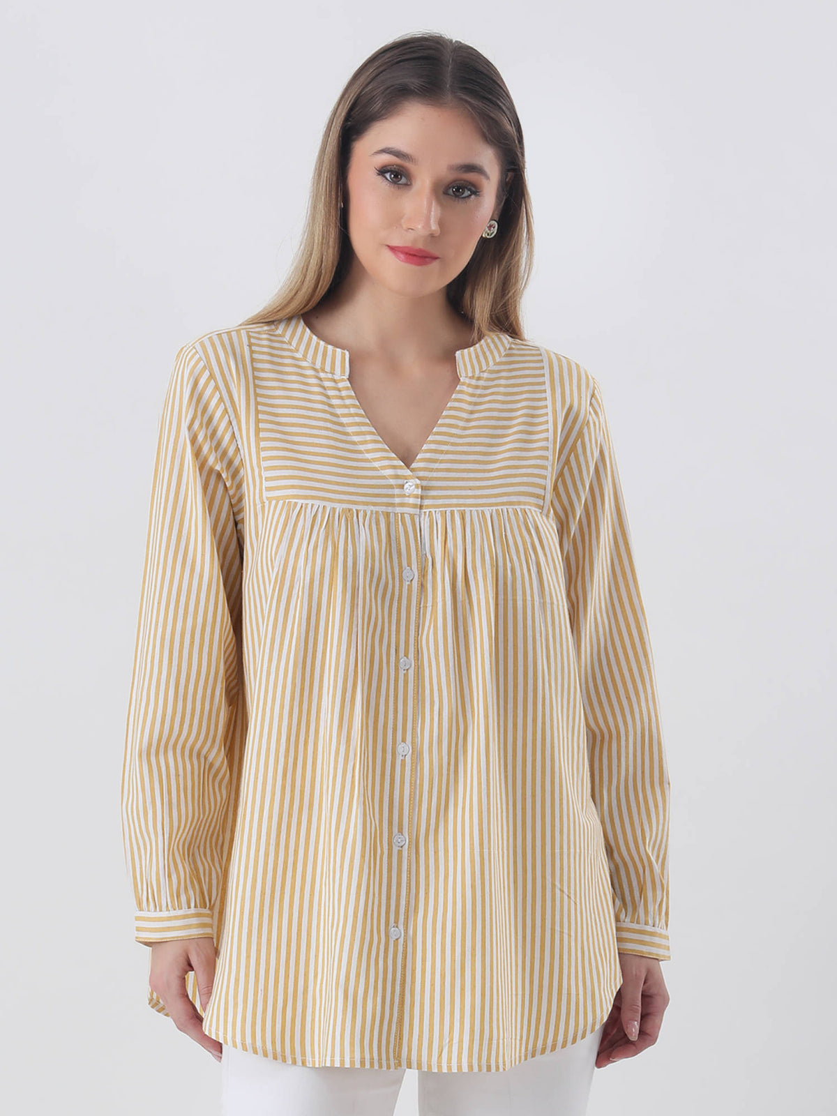 Cotton Stripe Yolk Yellow with Mandarin Collar Shirt | S67 - view 1