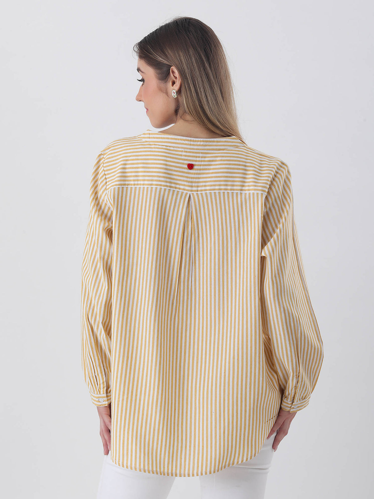 Cotton Stripe Yolk Yellow with Mandarin Collar Shirt | S67 - view 2