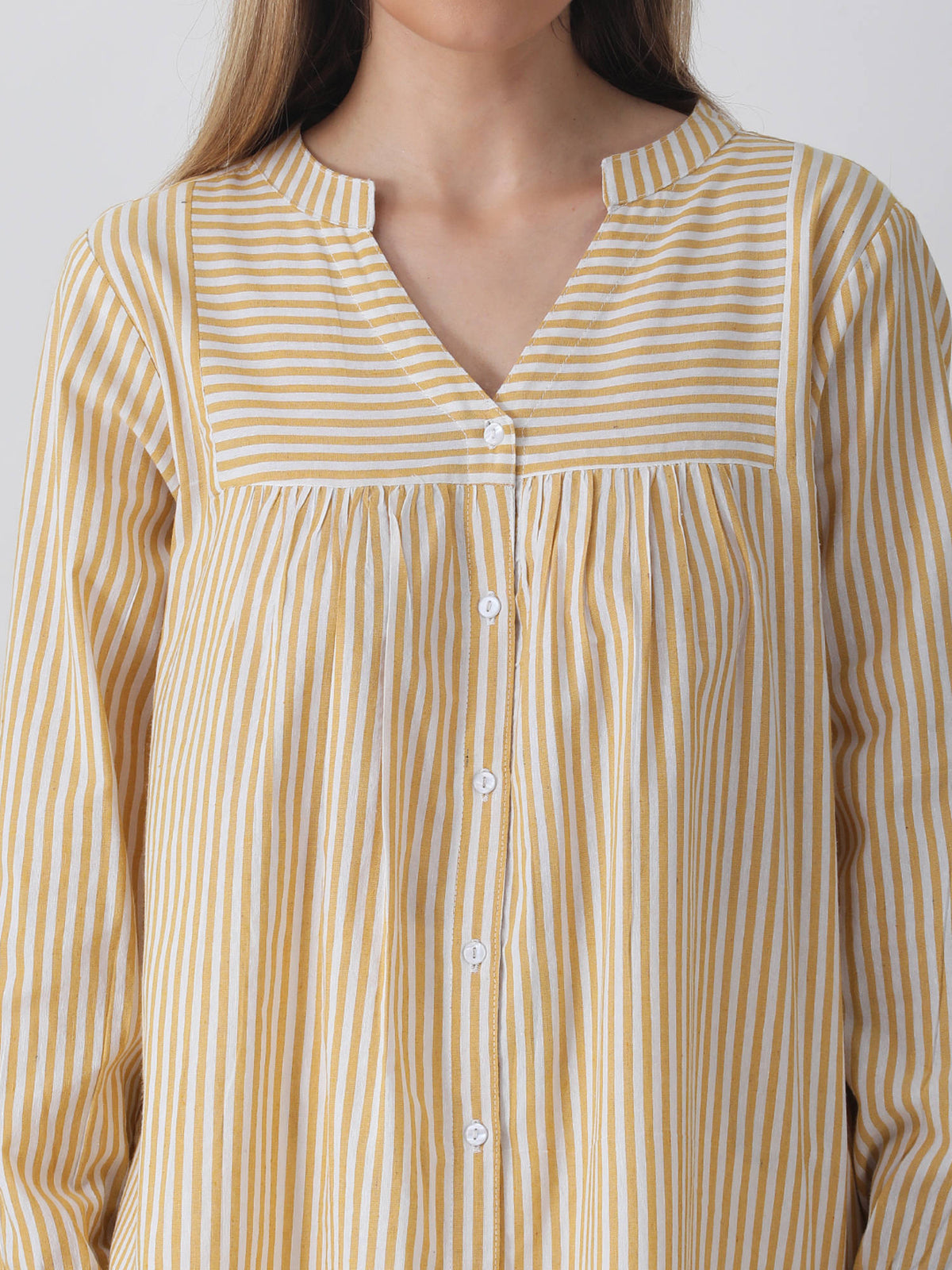 Cotton Stripe Yolk Yellow with Mandarin Collar Shirt | S67 - view 3