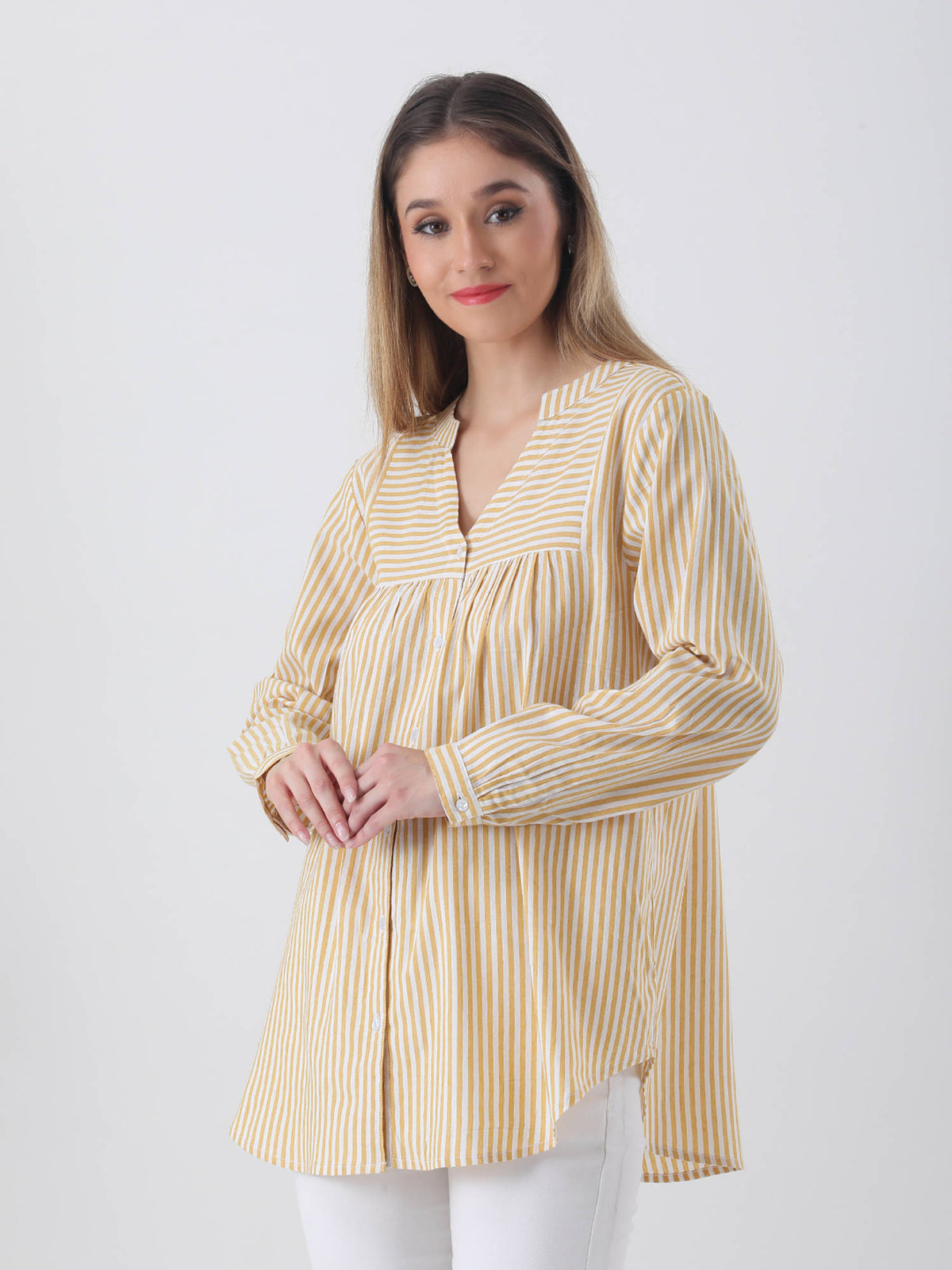 Cotton Stripe Yolk Yellow with Mandarin Collar Shirt | S67 - view 4