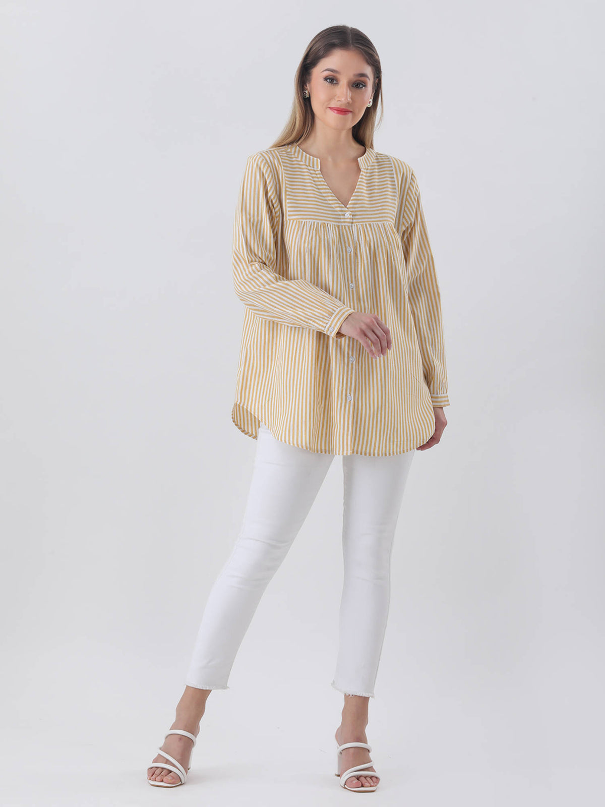 Cotton Stripe Yolk Yellow with Mandarin Collar Shirt | S67 - view 5