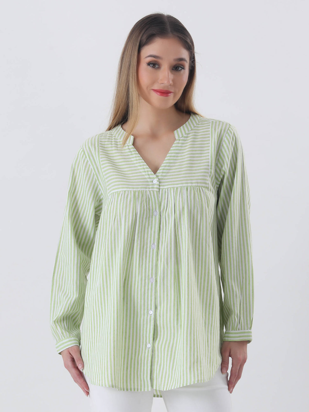 Cotton Stripe Yolk Yellow with Mandarin Collar Shirt | S67 - view 6