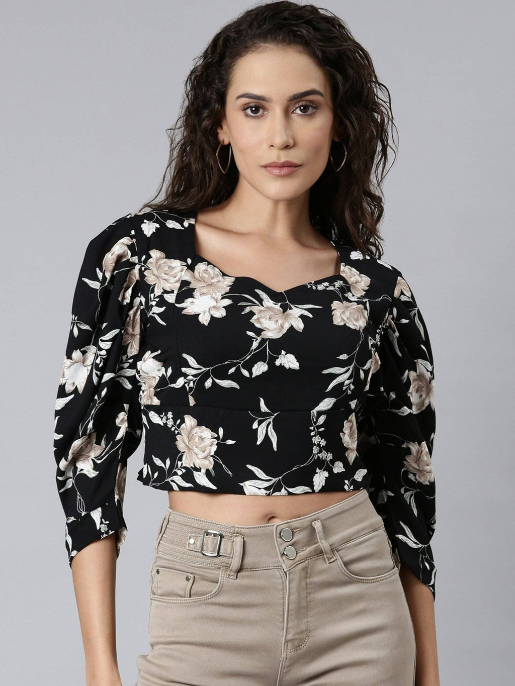 Womens Sweetheart Neck Printed Black Crop Top | CT61 - view 1