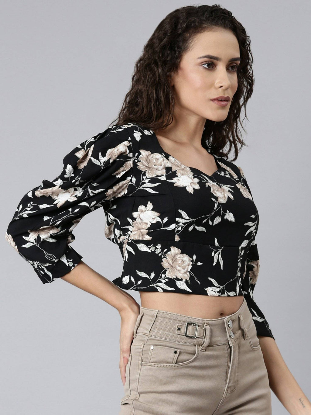 Womens Sweetheart Neck Printed Black Crop Top | CT61 - view 3