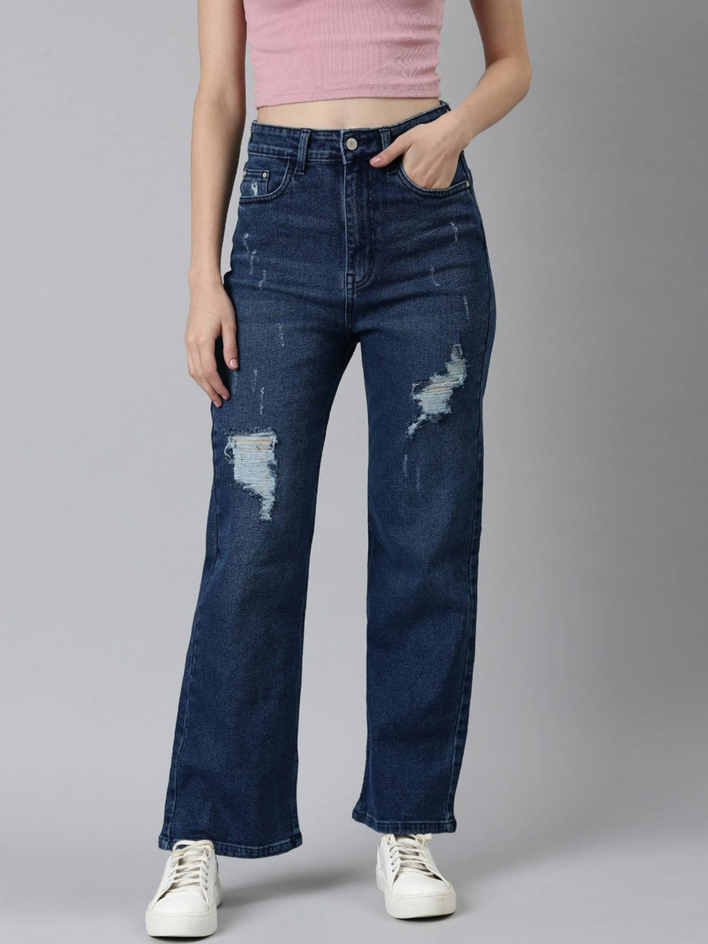 Womens High Rise Stretchable Regular Blue Straight Fit Jeans | ST23 - view 1