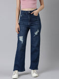 Womens High Rise Stretchable Regular Blue Straight Fit Jeans | ST23 - view 1