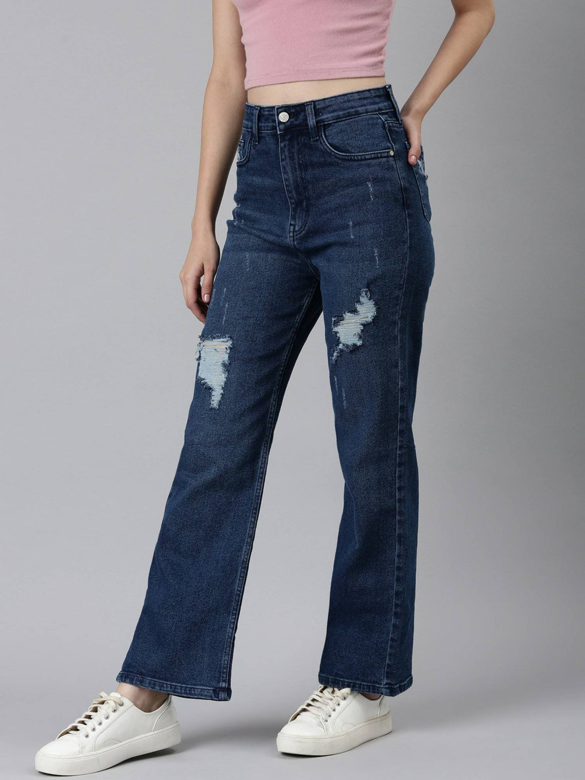 Womens High Rise Stretchable Regular Blue Straight Fit Jeans | ST23 - view 2
