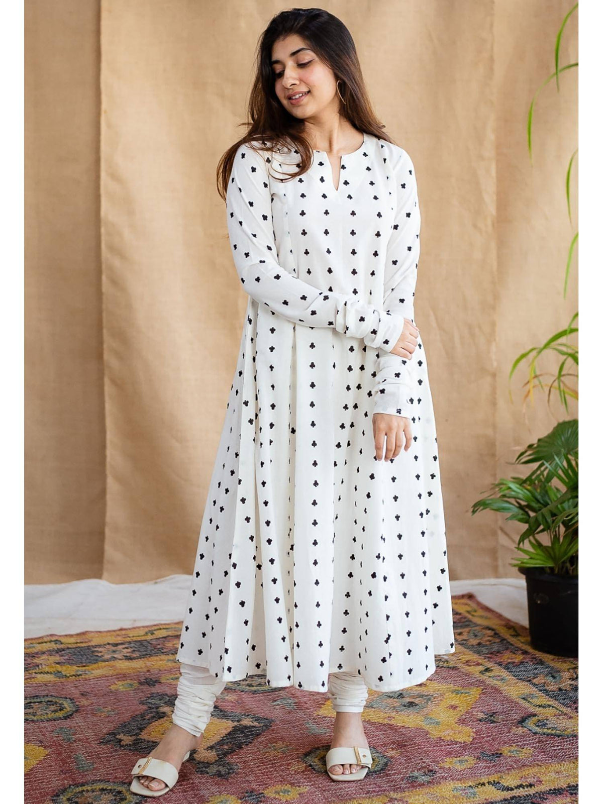White A-Line Dabu Cotton Hand Block Printed Kurta | KDG - view 4