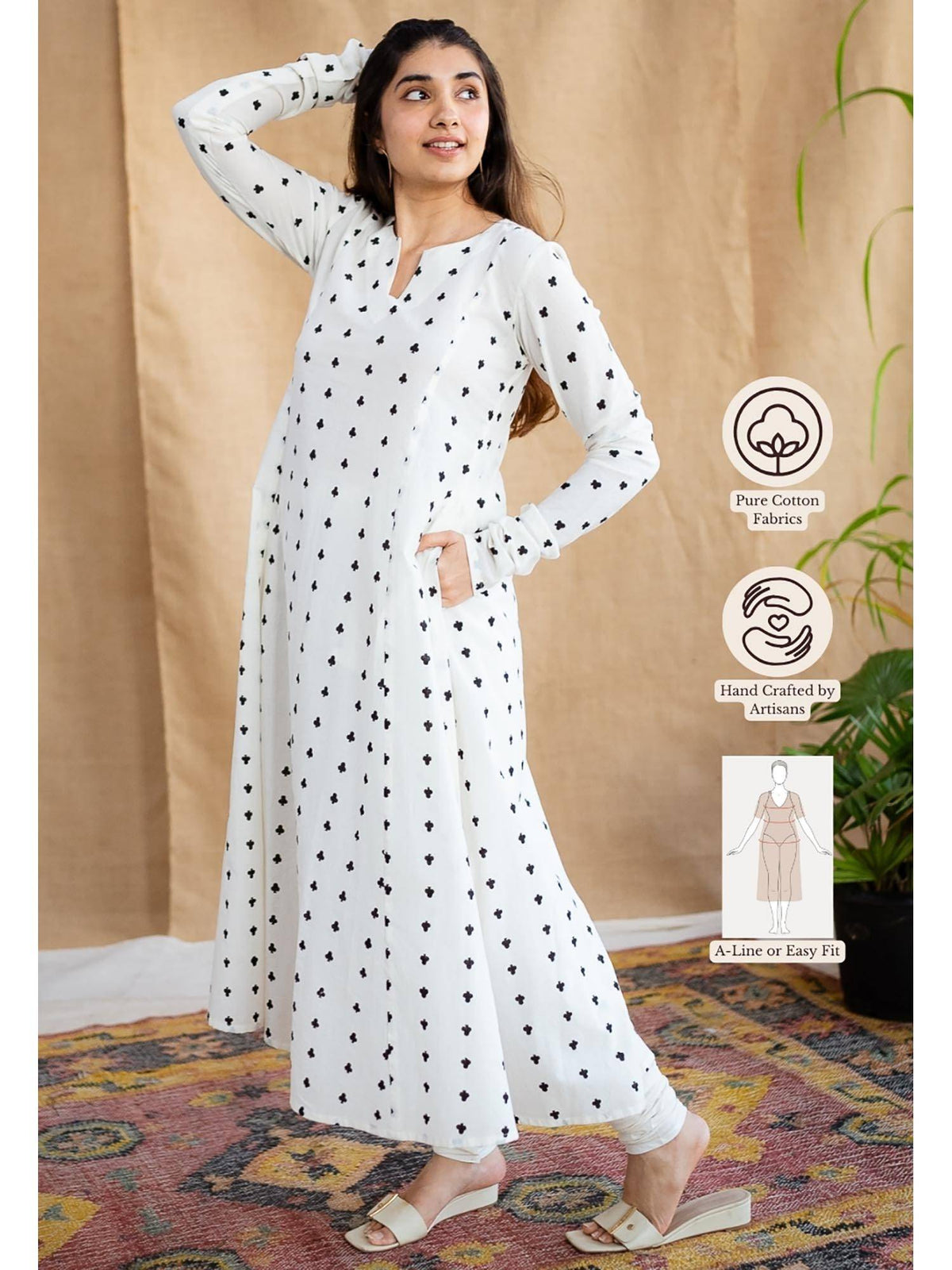 White A-Line Dabu Cotton Hand Block Printed Kurta | KDG - view 6