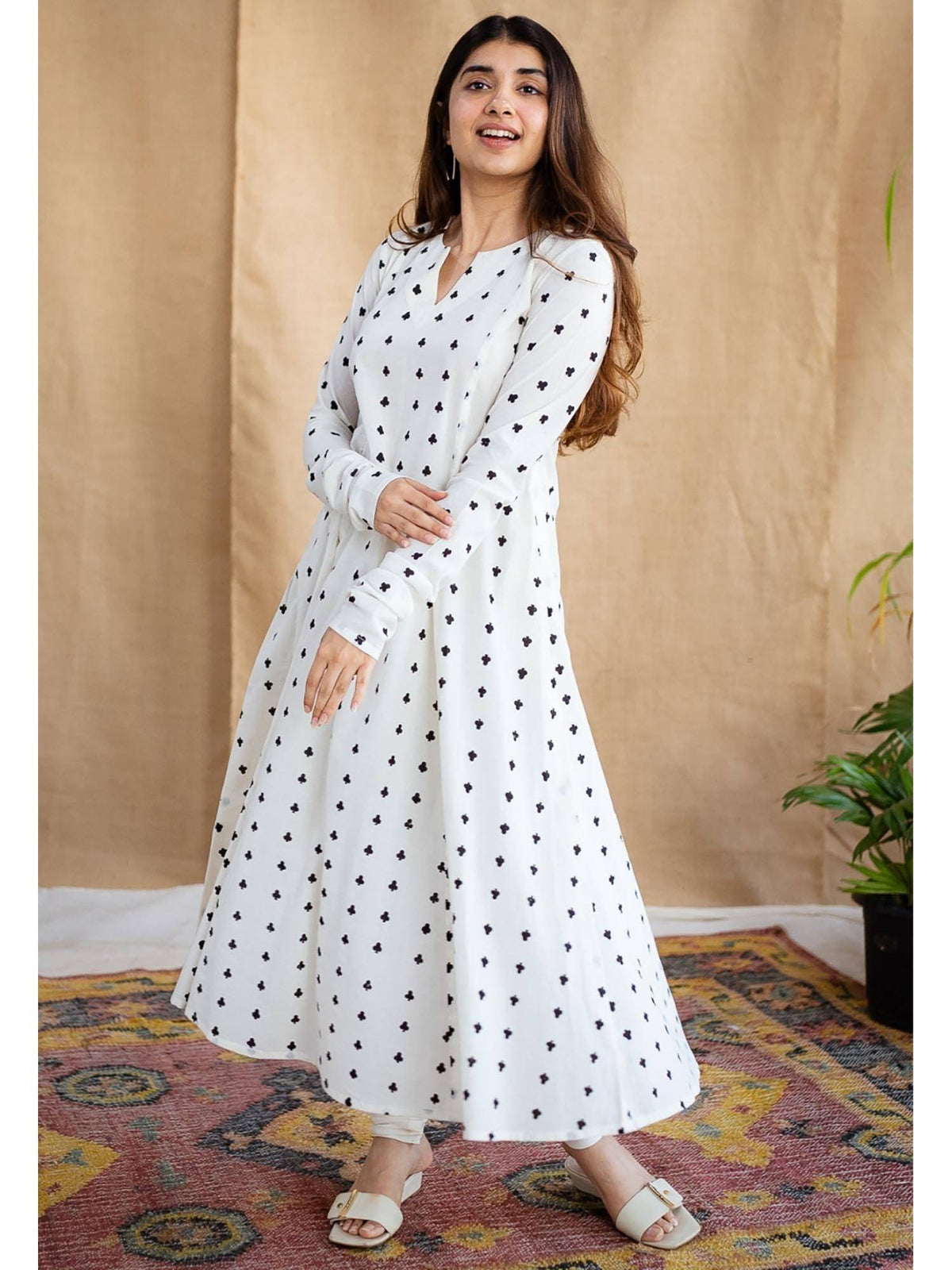 White A-Line Dabu Cotton Hand Block Printed Kurta | KDG - view 7