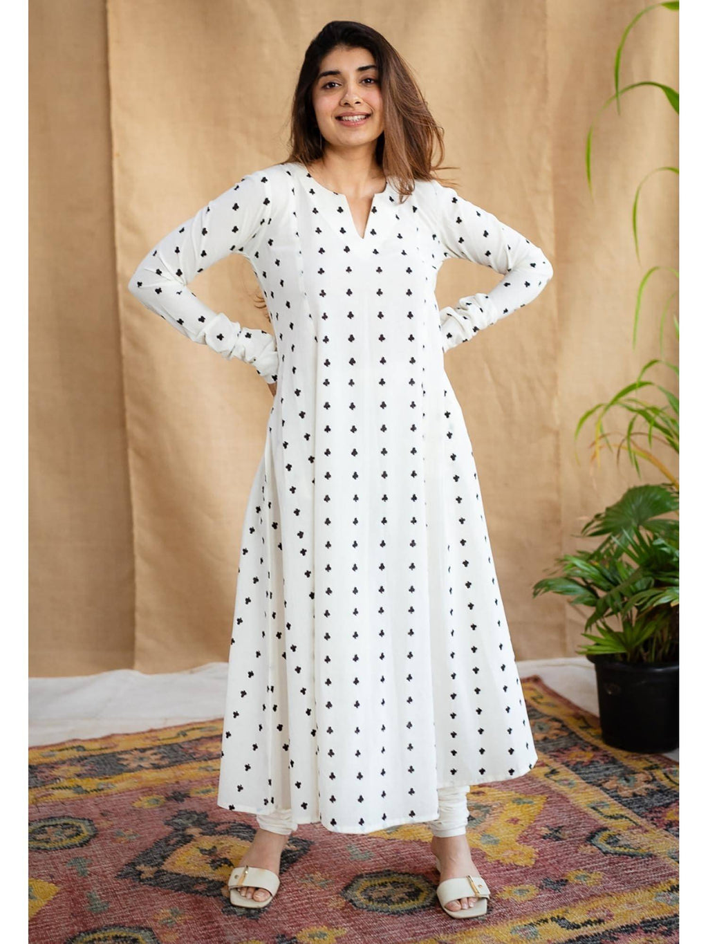White A-Line Dabu Cotton Hand Block Printed Kurta | KDG - view 8