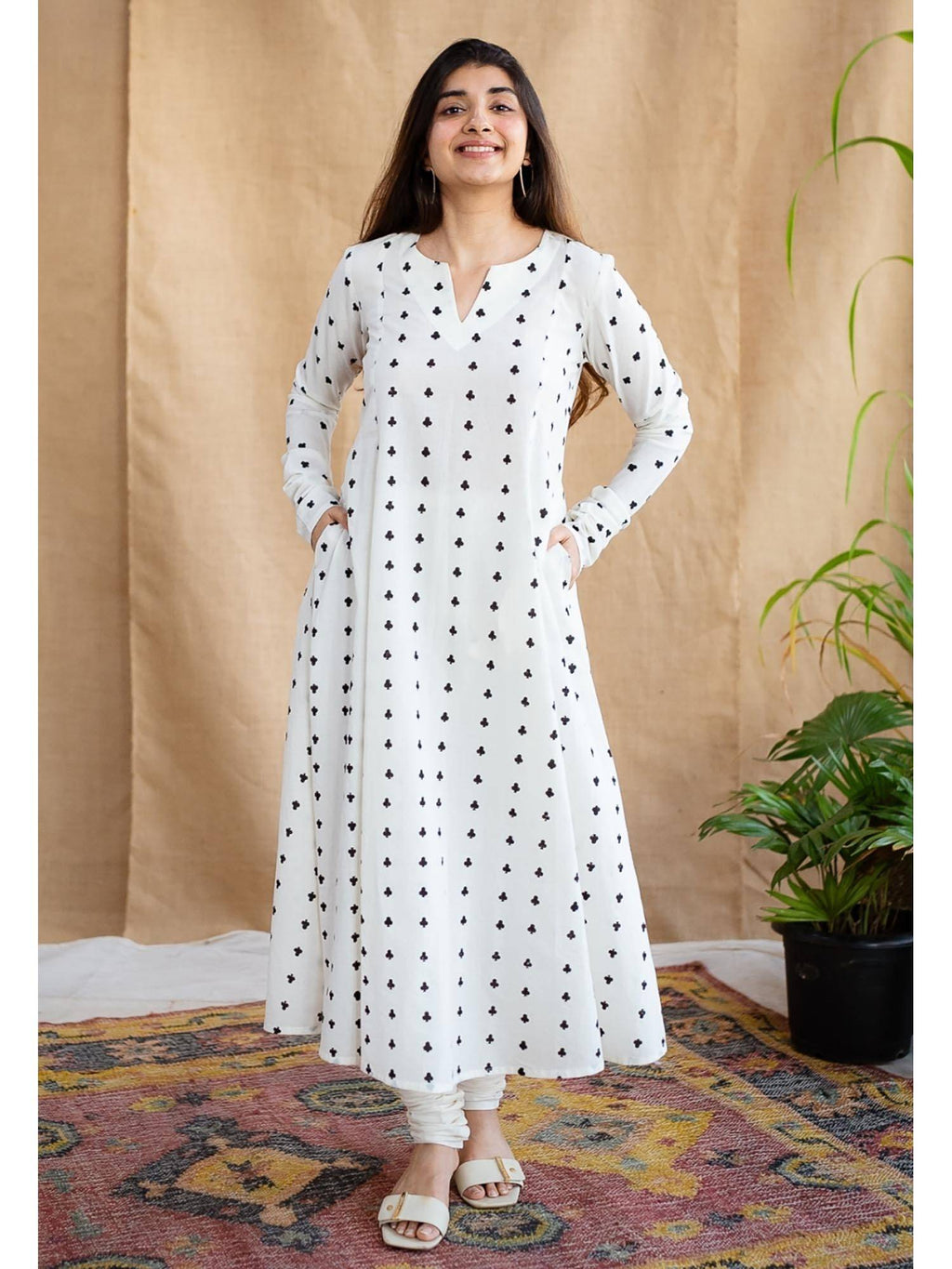 White A-Line Dabu Cotton Hand Block Printed Kurta | KDG - view 9