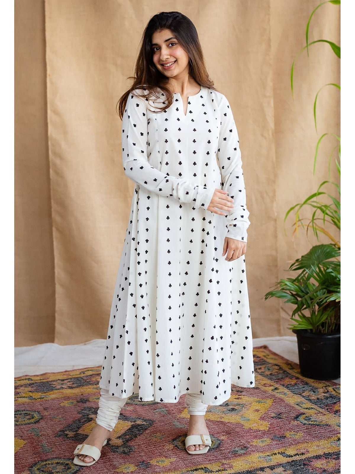 White A-Line Dabu Cotton Hand Block Printed Kurta | KDG - view 10