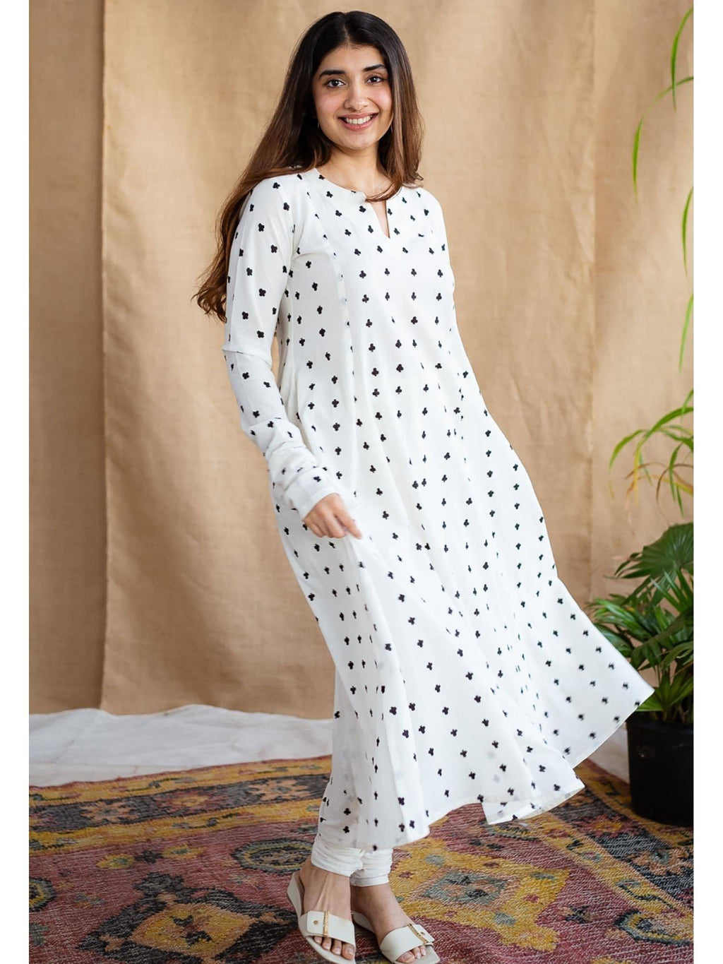 White A-Line Dabu Cotton Hand Block Printed Kurta | KDG - view 11