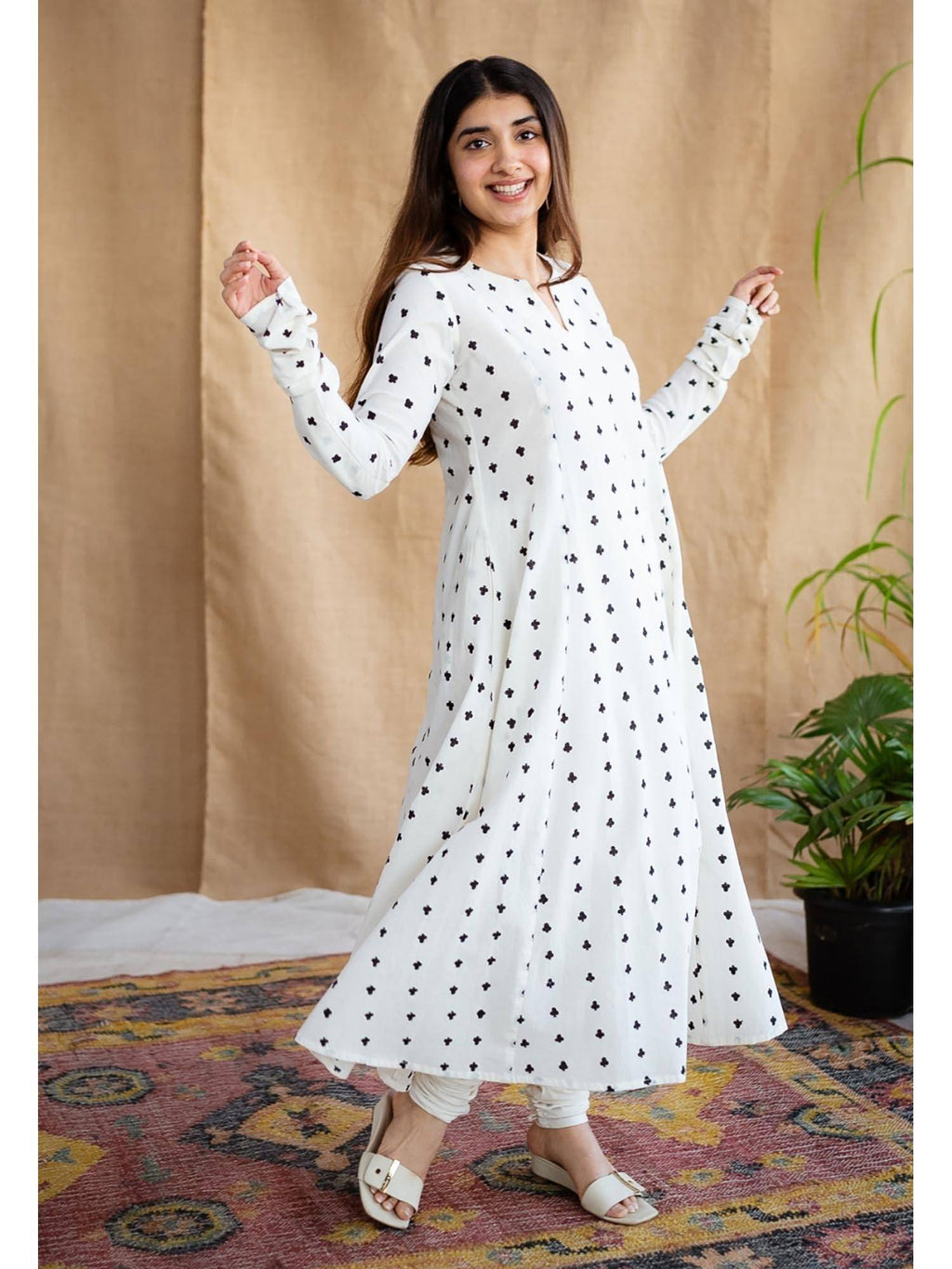 White A-Line Dabu Cotton Hand Block Printed Kurta | KDG - view 12