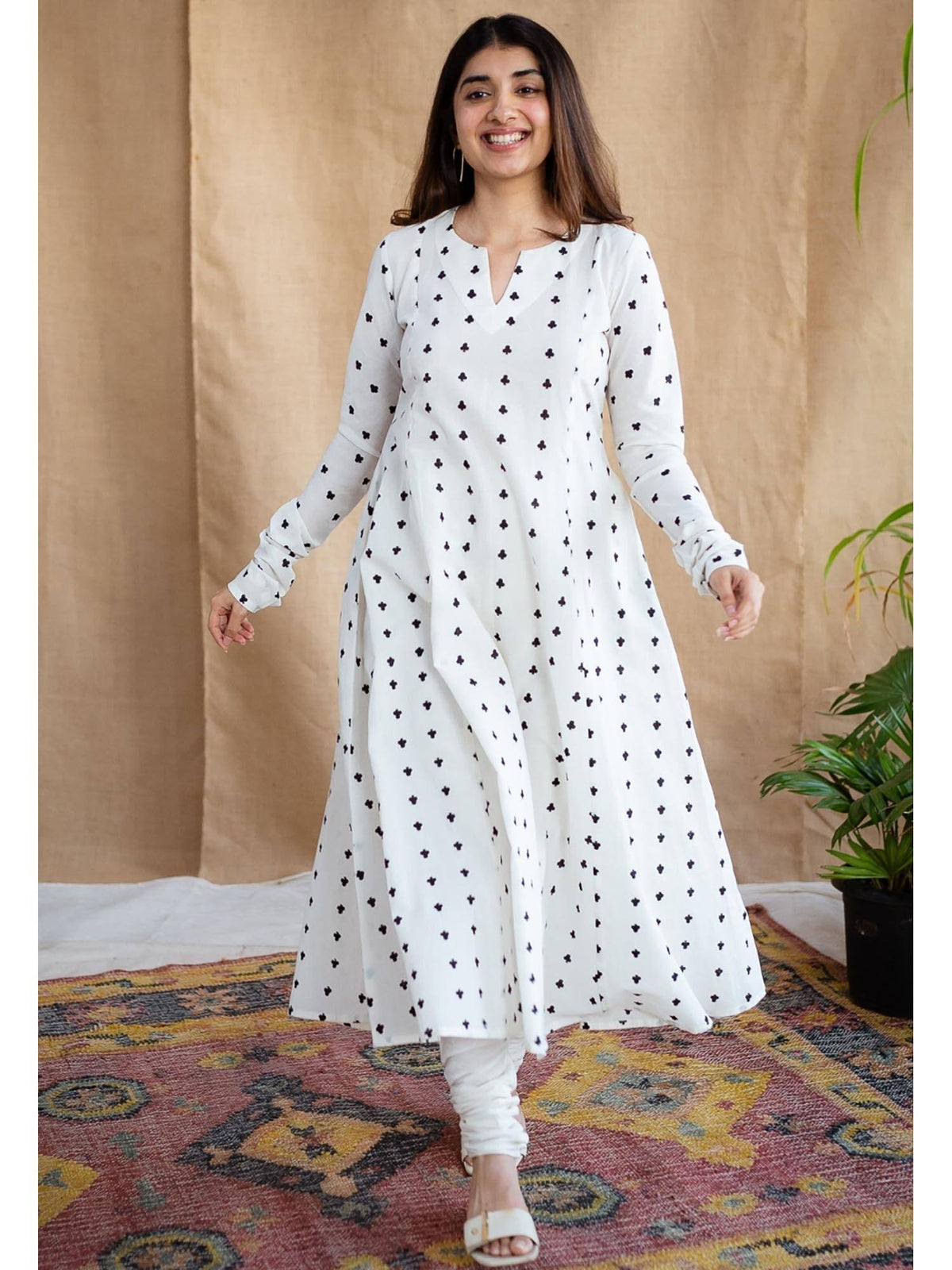 White A-Line Dabu Cotton Hand Block Printed Kurta | KDG - view 13