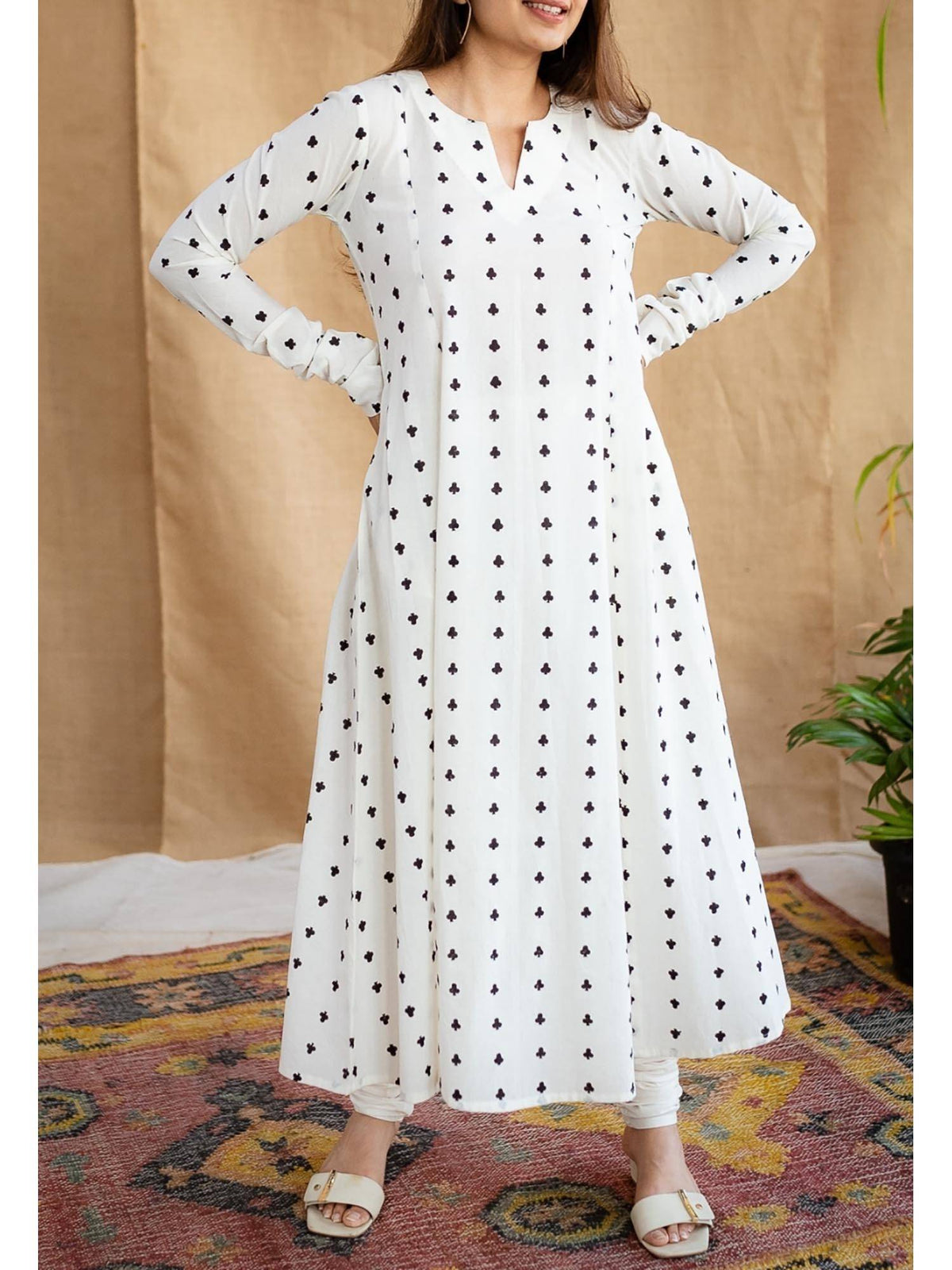 White A-Line Dabu Cotton Hand Block Printed Kurta | KDG - view 14