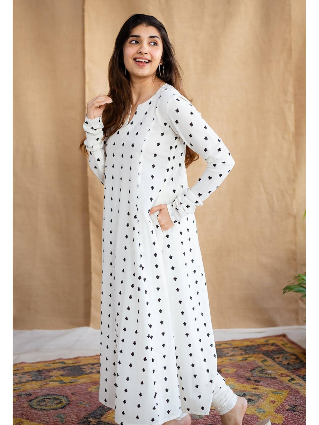 White A-Line Dabu Cotton Hand Block Printed Kurta | KDG - view 15