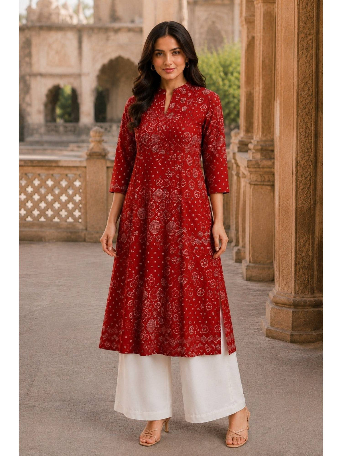 Red Hand Screen Print Pintuck Cotton Kurta | KDG - view 1