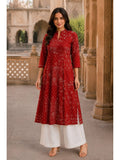 Red Hand Screen Print Pintuck Cotton Kurta | U3S - view 1