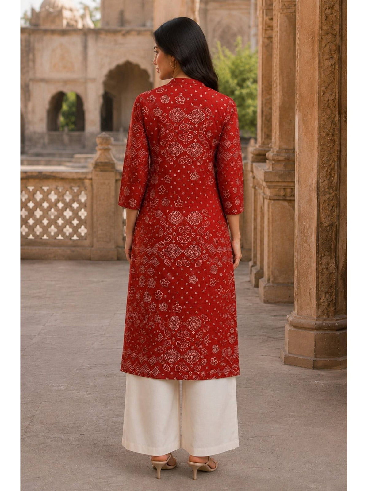 Red Hand Screen Print Pintuck Cotton Kurta | FY93 - view 2
