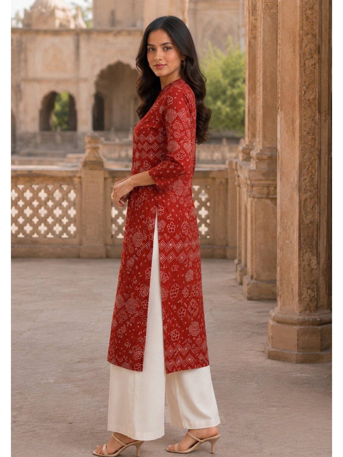 Red Hand Screen Print Pintuck Cotton Kurta | KDG - view 3