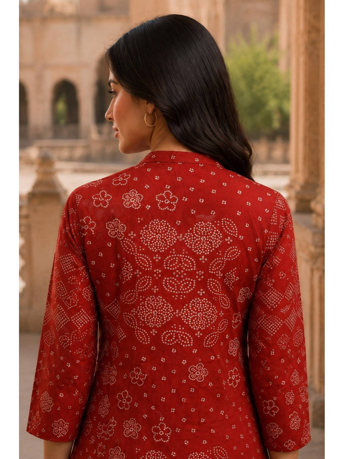 Red Hand Screen Print Pintuck Cotton Kurta | KDG - view 5
