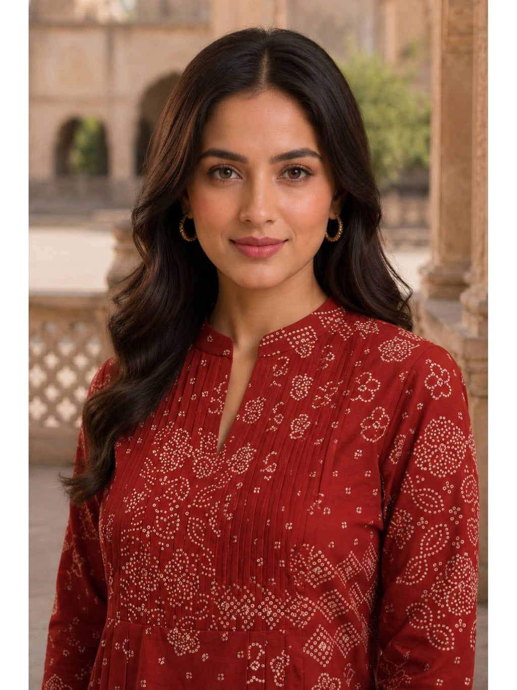Red Hand Screen Print Pintuck Cotton Kurta | FY93 - view 6