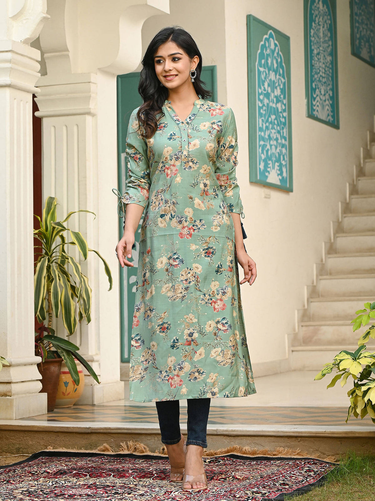 Women Sage Green Printed Floral Kurta | FY93 - view 5
