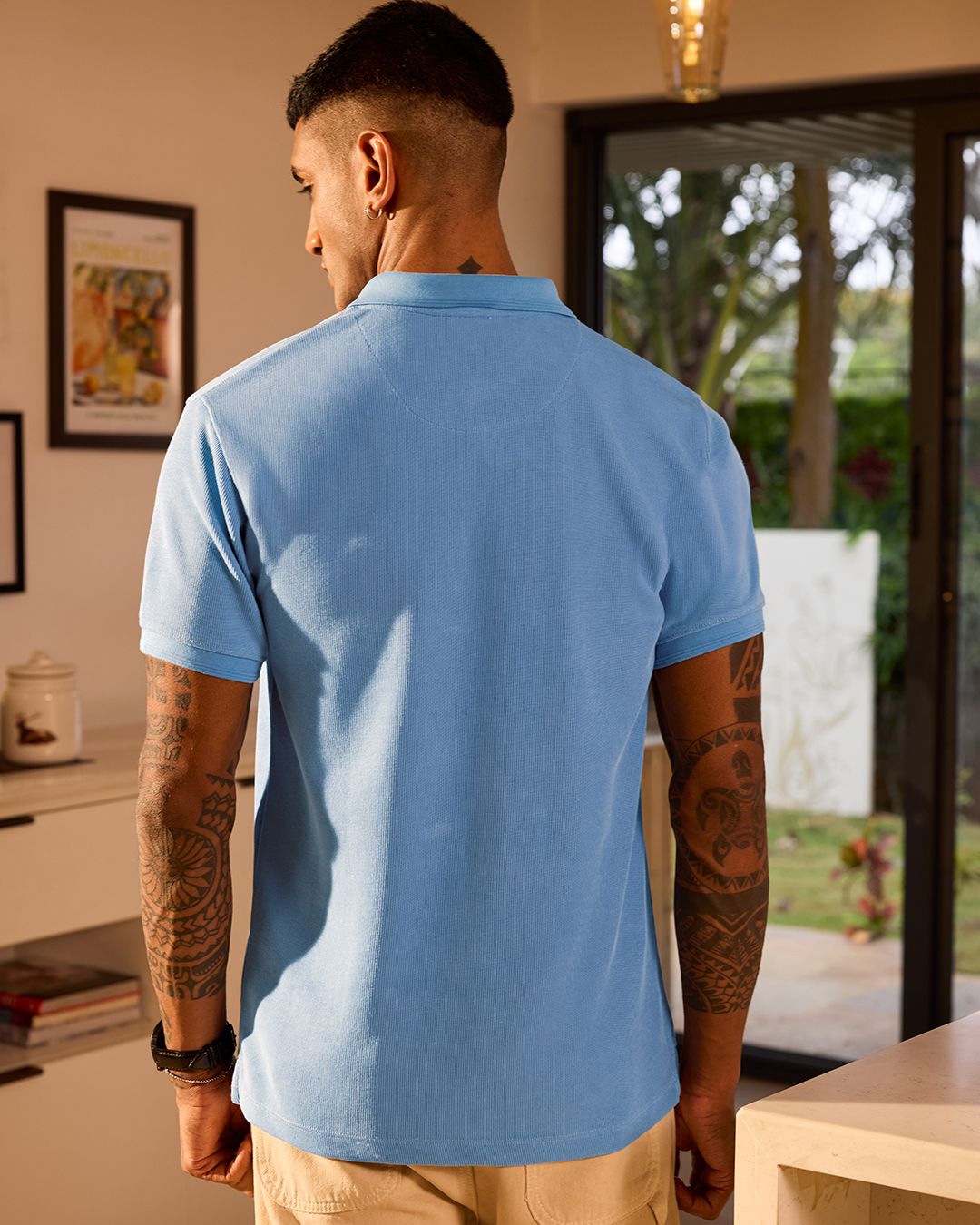 Men's Blue Textured Polo T-shirt Morrislane