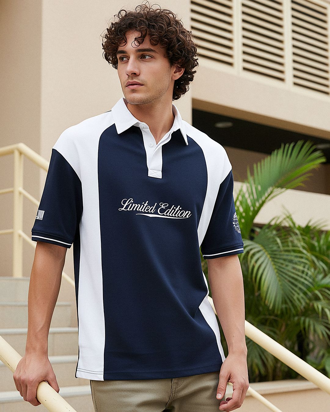 Men's Navy Blue & White Color Block Oversized Polo T-shirt Morrislane