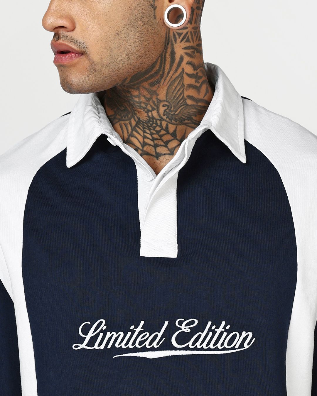 Men's Navy Blue & White Color Block Oversized Polo T-shirt Morrislane