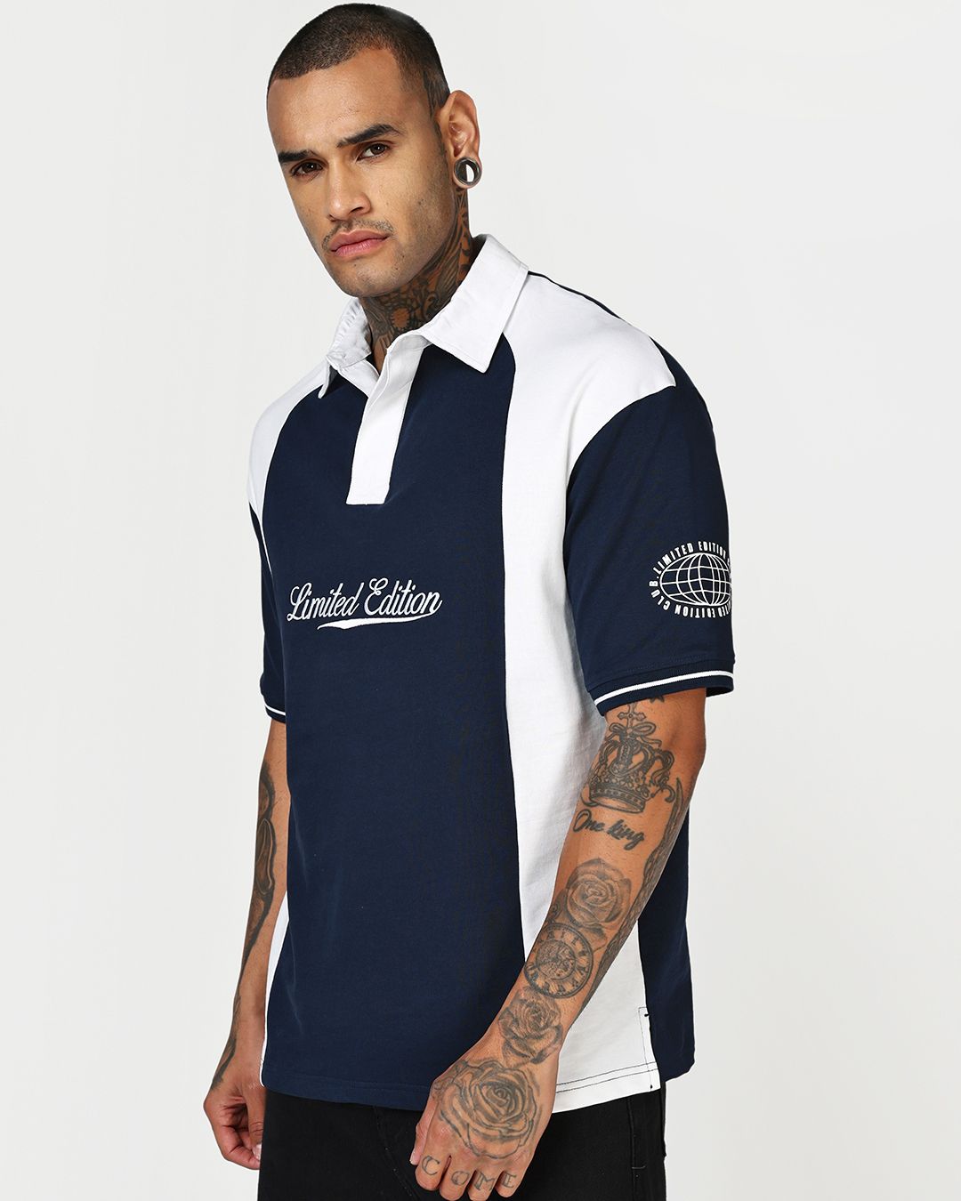 Men's Navy Blue & White Color Block Oversized Polo T-shirt Morrislane
