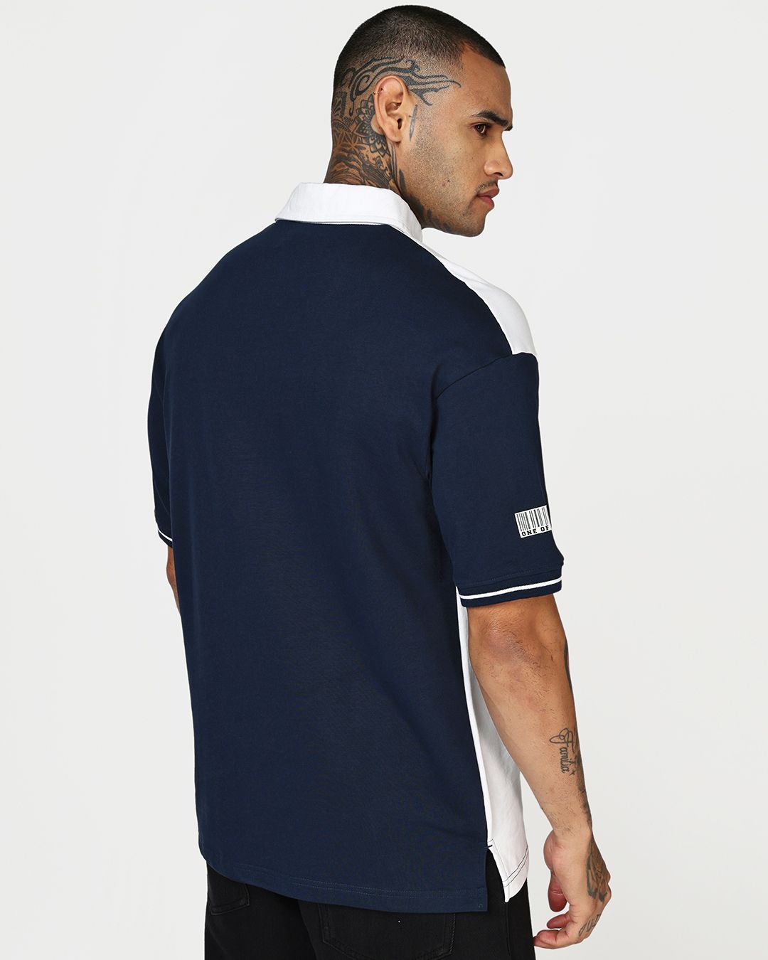 Men's Navy Blue & White Color Block Oversized Polo T-shirt Morrislane
