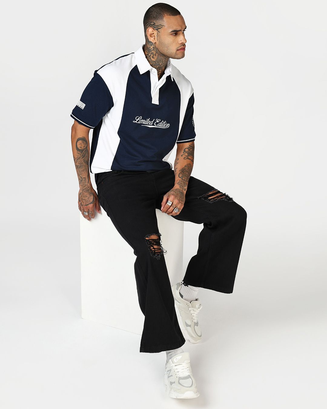 Men's Navy Blue & White Color Block Oversized Polo T-shirt Morrislane