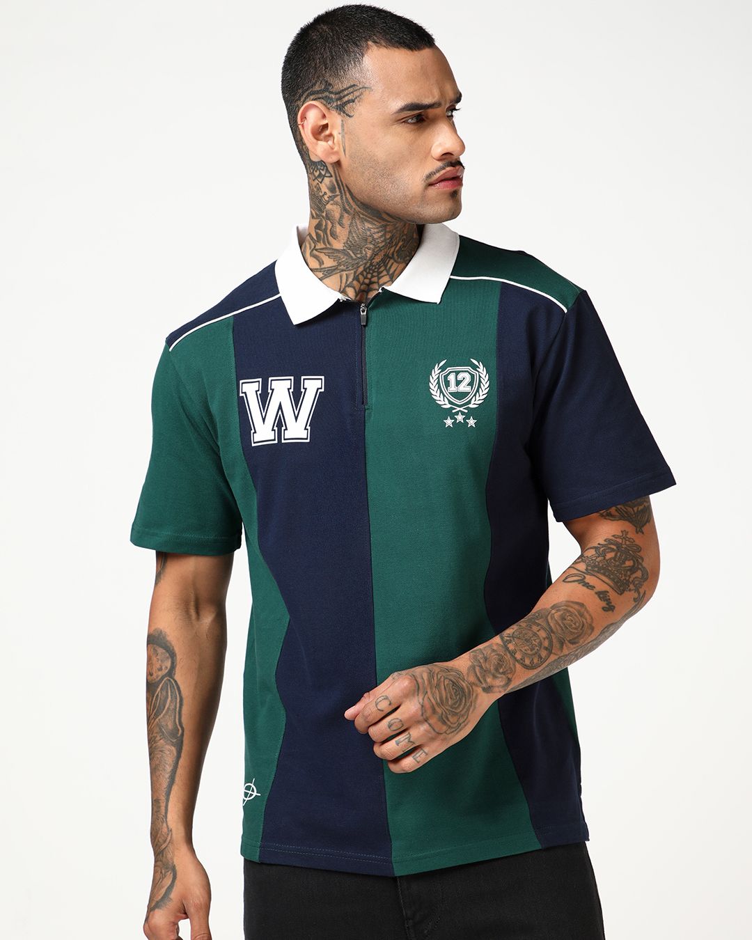 Men's Navy Blue & Forest Biome Green Color Block Oversized Polo T-shirt Morrislane