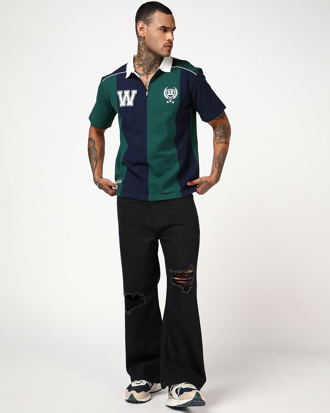 Men's Navy Blue & Forest Biome Green Color Block Oversized Polo T-shirt Morrislane