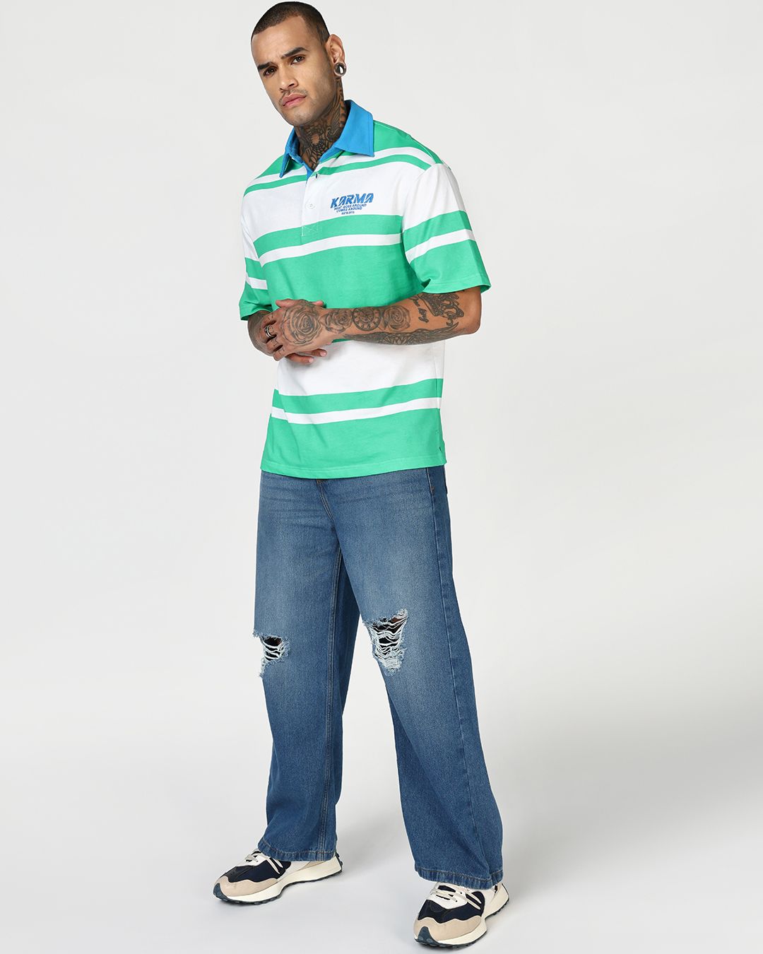 Men's Green & White Color Block Oversized Polo T-shirt Morrislane