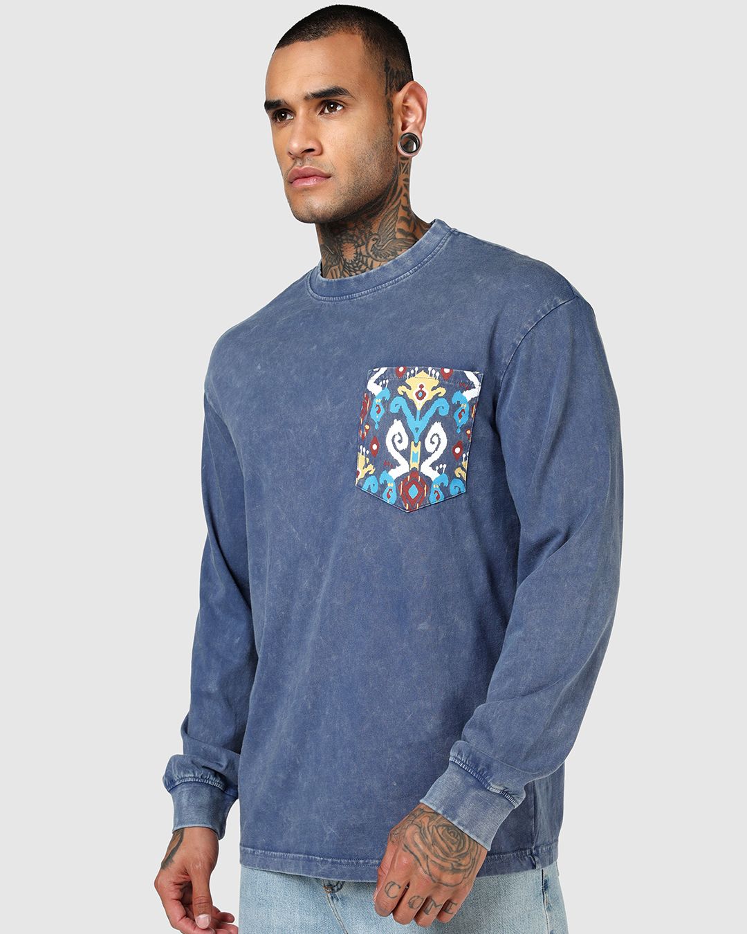 Men's Indigo Blue Printed Oversized Acid Wash T-shirt Morrislane