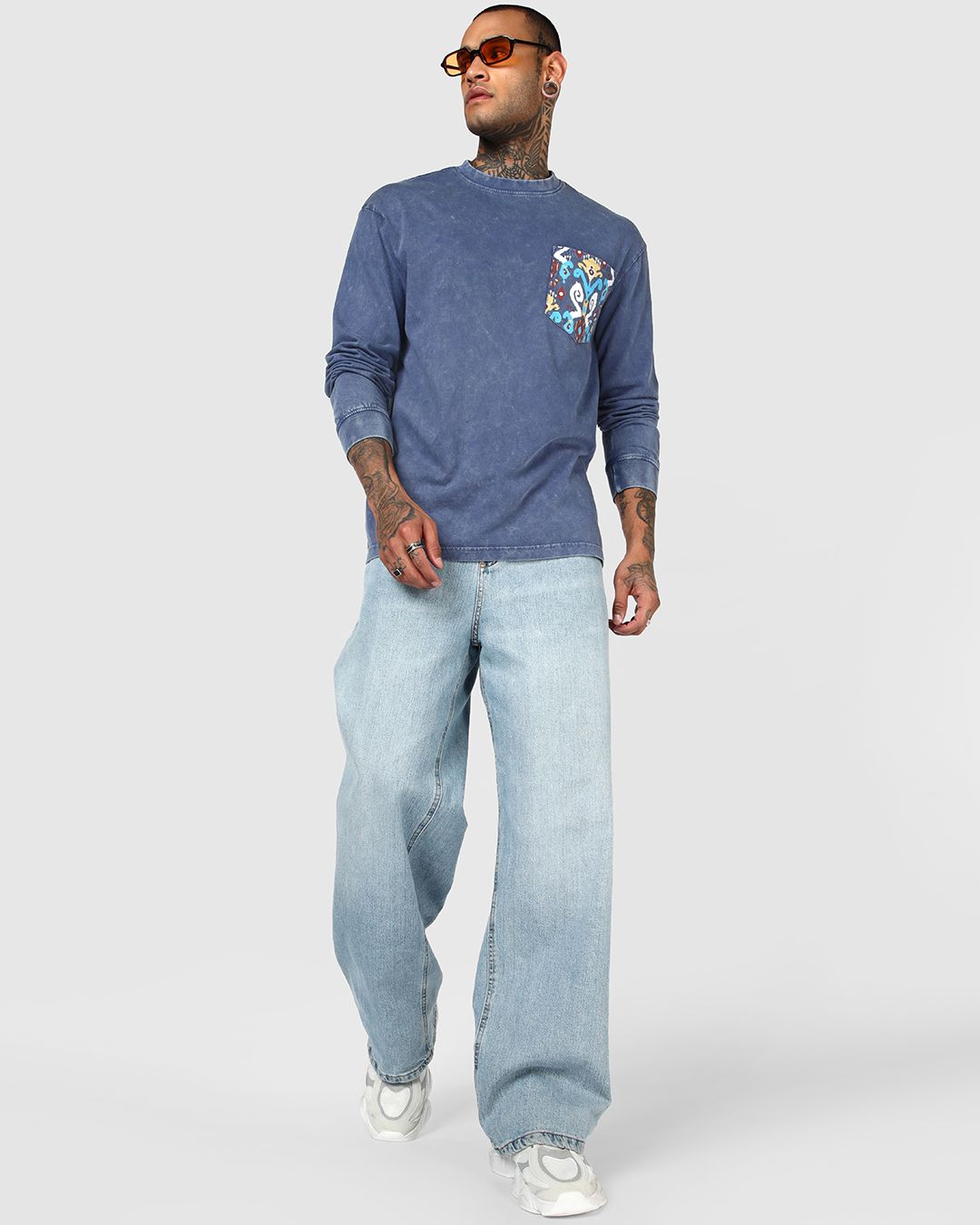 Men's Indigo Blue Printed Oversized Acid Wash T-shirt Morrislane