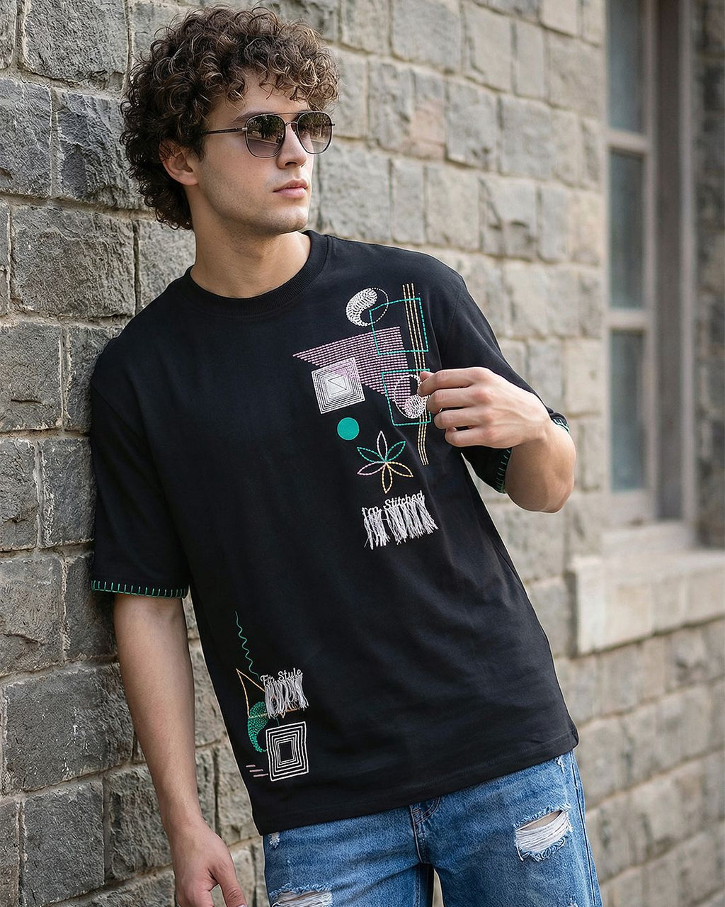 Men's Black Embroidered Oversized T-shirt Morrislane image 1