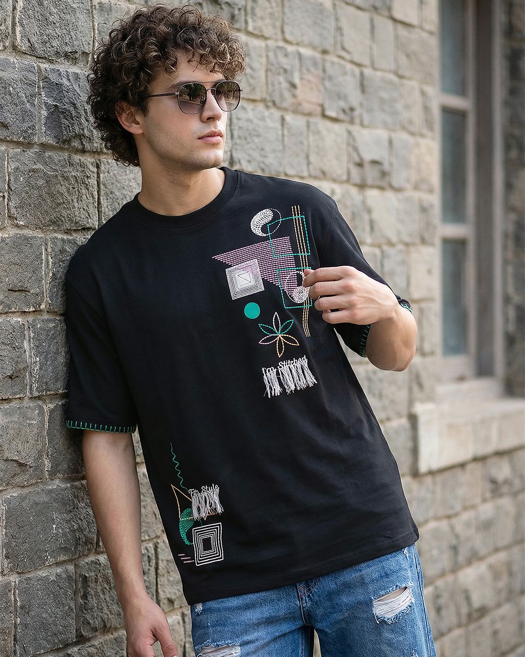 Men's Black Embroidered Oversized T-shirt Morrislane image 1