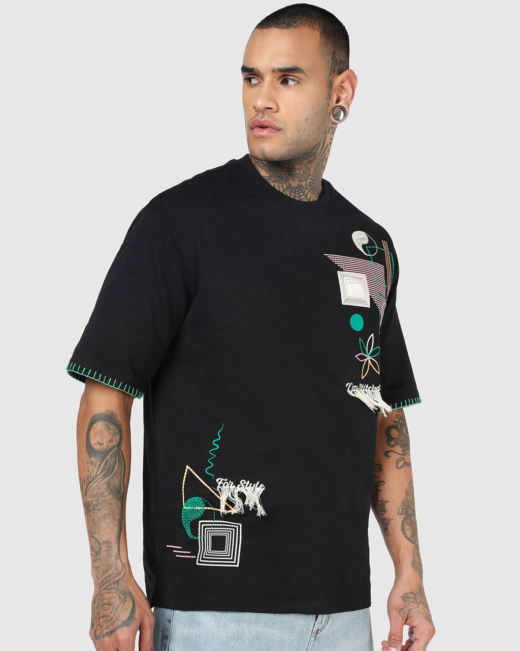 Men's Black Embroidered Oversized T-shirt Morrislane image 2