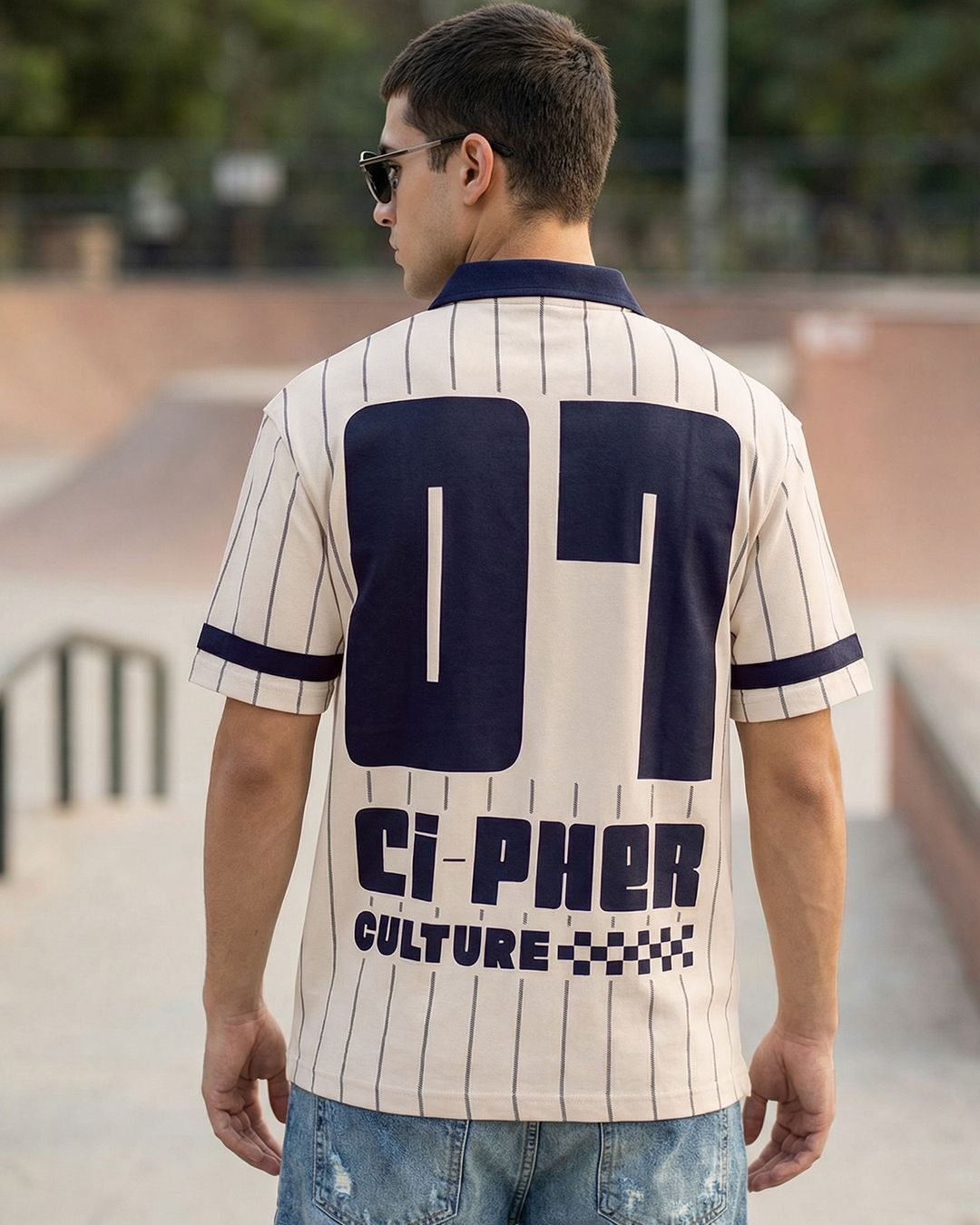 Men's Beige & Navy Blue Typography Oversized Polo T-shirt Morrislane