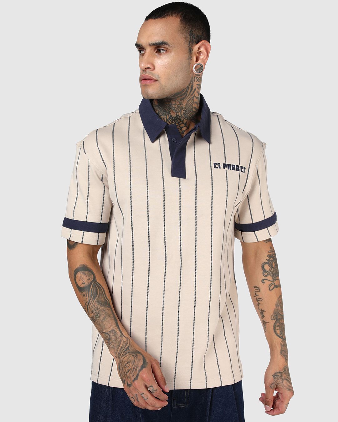 Men's Beige & Navy Blue Typography Oversized Polo T-shirt Morrislane