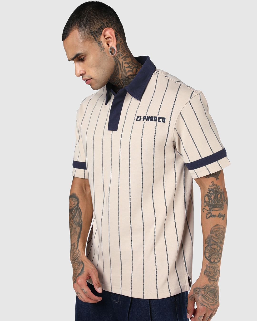 Men's Beige & Navy Blue Typography Oversized Polo T-shirt Morrislane