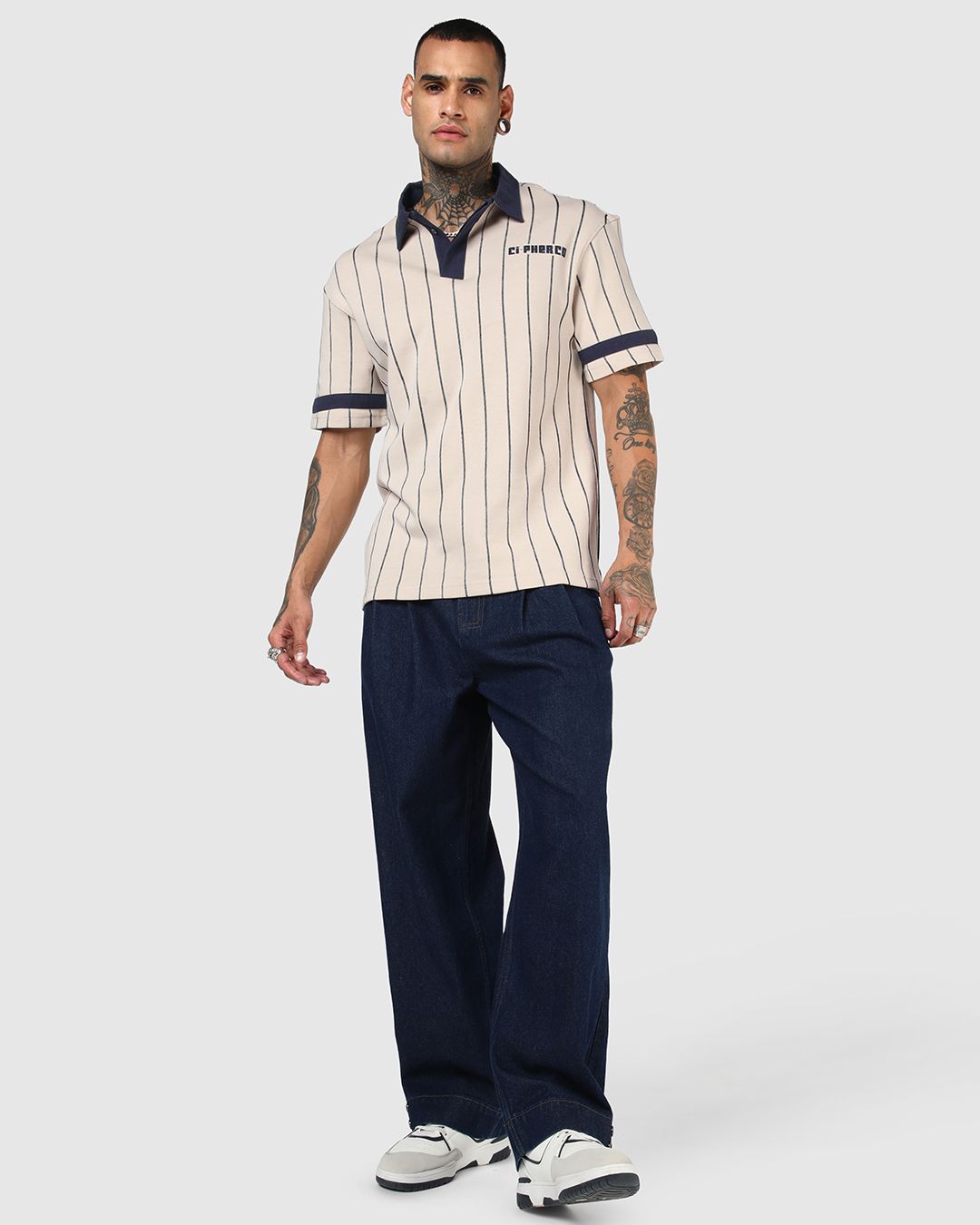 Men's Beige & Navy Blue Typography Oversized Polo T-shirt Morrislane